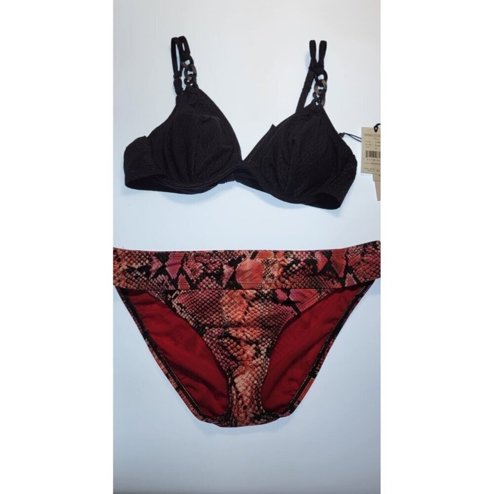 Robin Piccone Black Bikini Top with Red Snake-Print Bikini Bottom